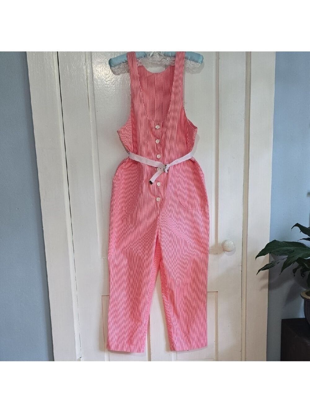 Vintage Red and White Striped Cotton Jumpsuit with Front Pockets and Belt